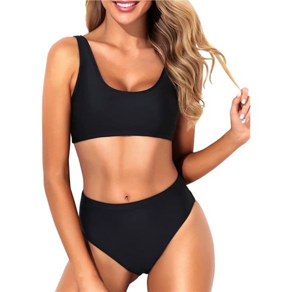 Women Two Piece Scoop Neck Bikini Crop Top High Cut Swimsuit